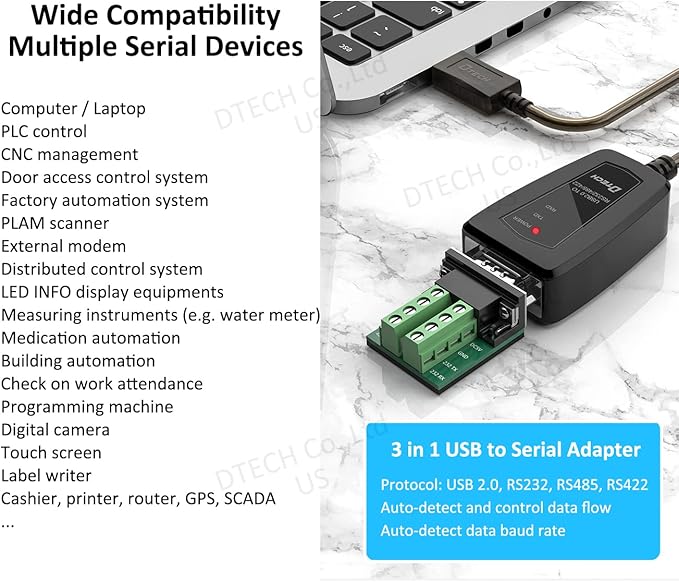 DTECH USB to Serial Adapter RS485 RS422 R232 (3 in 1 Interface) Supports DC 5V with Breakout Board LED Lights for Multi-Kind Control Devices Windows 11 10 8 7 XP Mac (5ft)