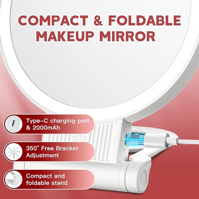 1X/30X Magnifying Mirror with Light and Adjustable Brightness, Makeup Mirror with 360° Rotation Adjustable Folding Handle, Portable Rechargeable Double Sided Mirrors, Foldable Vanity Mirror (white)