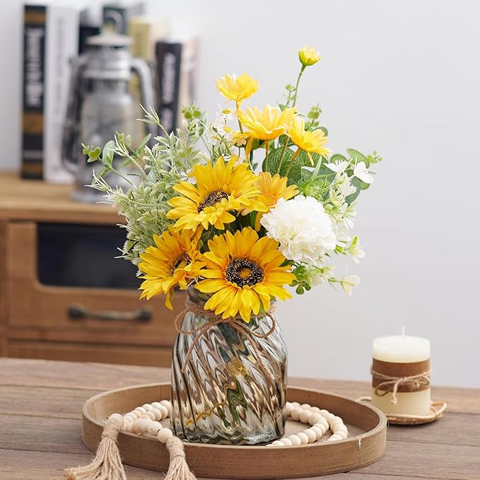 Fake Flowers Artificial Sunflowers with Vase, Faux Silk Flowers Plants for Home Office Decorations, Kitchen Dining Table Decor, Farmhouse Centerpiece Table Decoration
