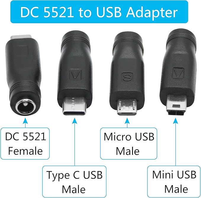 6Pcs DC 5.5mm x 2.1mm to USB Adapter, 5V DC 5521 Female to Type C & Micro & Mini USB Male Plug Convert Connector Power (Mixed)