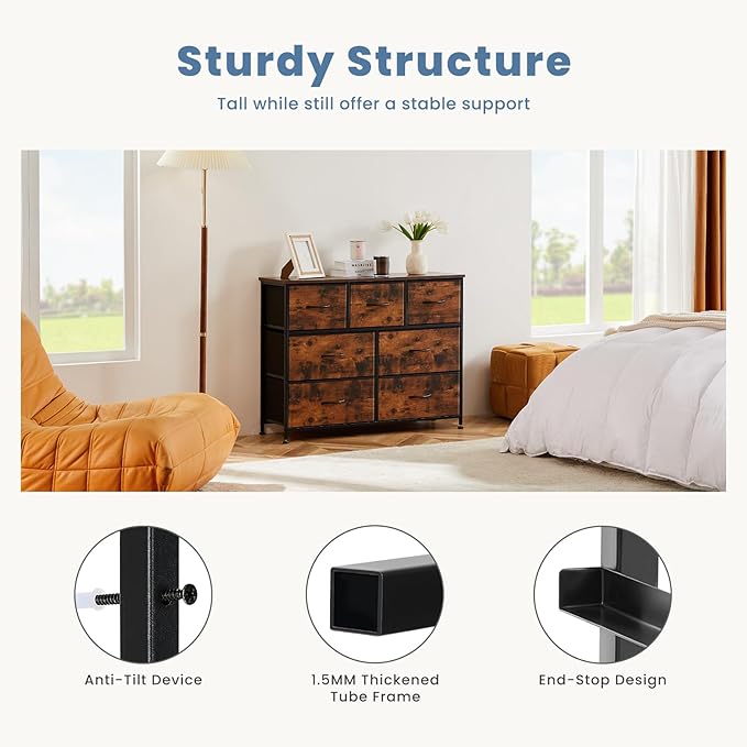 DUMOS Dresser for Bedroom with 7 Fabric Drawers, Chest Organizer Units for Clothing, Closet, Guestroom, Storage Tower with Cabinet, Metal Frame, Wooden Top, Lightweight Nursery Furniture, Brown
