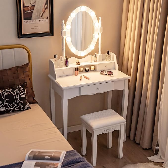 CHARMAID Girls Makeup Vanity Desk with Lights, Vanity Table with Lighted Mirror, 3 Lighting Modes, Adjustable Brightness, Modern Makeup Table with 3 Drawers and Stool for Small Space (White)