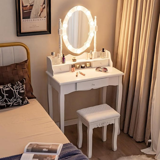 CHARMAID Girls Makeup Vanity Desk with Lights, Vanity Table with Lighted Mirror, 3 Lighting Modes, Adjustable Brightness, Modern Makeup Table with 3 Drawers and Stool for Small Space (White)