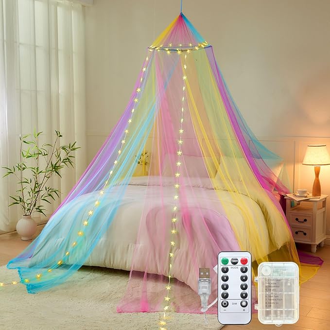 Obrecis Bed Canopy with Lights, Rainbow Bed Canopy for Girls Princess,Canopy Bed Curtains Bedroom Decor for Girls,Fits Single, Twin, Full, Queen Size Kids