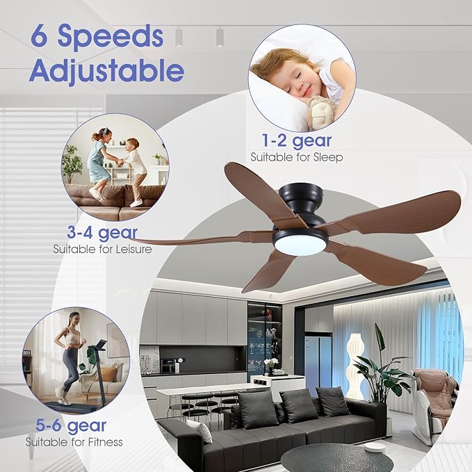 52 Inch Modern Ceiling Fans with Lights, Flush Mount Ceiling Fan with Light and Remote/APP Control, 5 Reversible 6 Speeds Curved Blades, 3 CCT Dimmable Lights for Kids Room, Brown