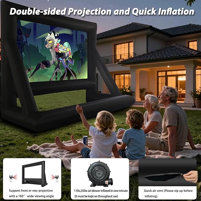 20 Feet Inflatable Movie Screen Outdoor Theater Blow Up Projection Screen with Carry Bag Blower for Front and Rear Projection Home Theater Backyard Pool Fun