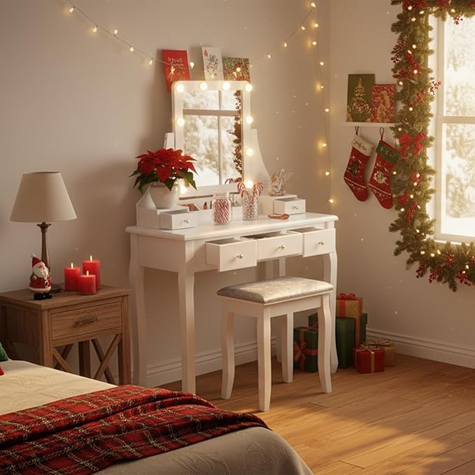 BEWISHOME Makeup Vanity Desk with Lights,Girls Vanity Set with Mirror and Stool,Small Vanity Desk with 5 Drawers,3 Light Settings,Adjustable Brightness,Dressing Table for Bedroom,White FST08W