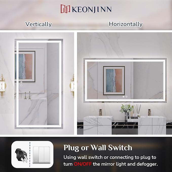 Keonjinn 55 x 30 Inch Bathroom LED Mirror, Oversized Lighted Bathroom Mirror, UL Listed LED Driver, HD Tempered Glass, Easy Installation, Anti-Fog, Memory Dimmable 6000K, CRI 90+(Horizontal/Vertical)
