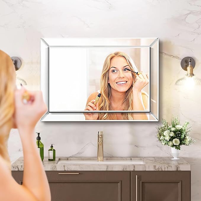 Pregaspor Mirror on Mirror Wall Mirror for Bathroom, 16" x 24" Rectangular Frameless Bathroom Vanity Mirrors for Wall, Polished Beveled Edge Mirrors for Washroom