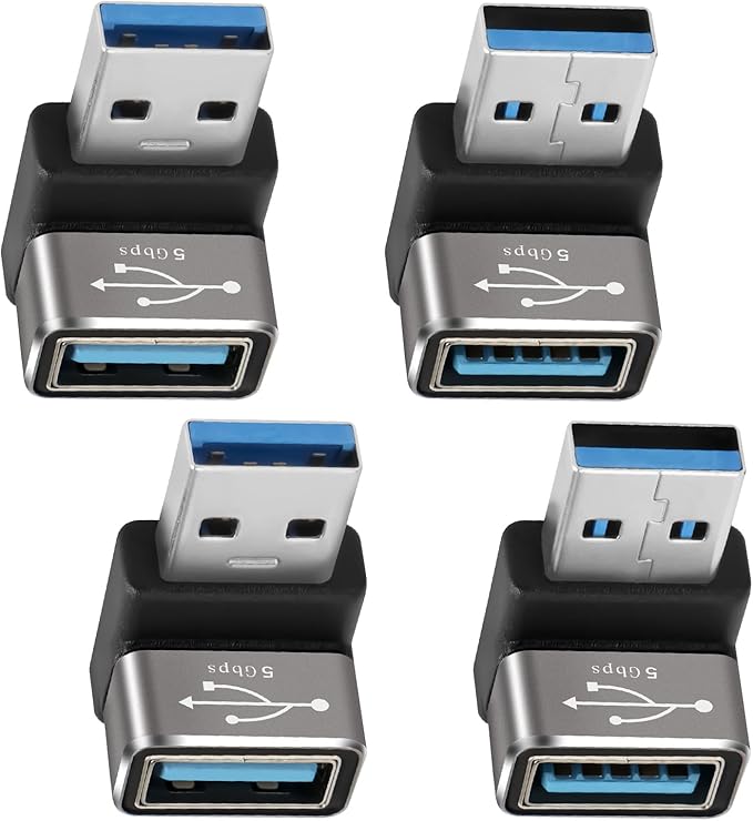 90 Degree USB 3.0 Adapter 4 Pack, (Up and Down) Right Angle USB Type-A Male to Female USB L Shape On The Go (OTG) Connector Extender Support Charge & Data Sync (5Gbps) for PC, Laptop, Mouse, Keyboard