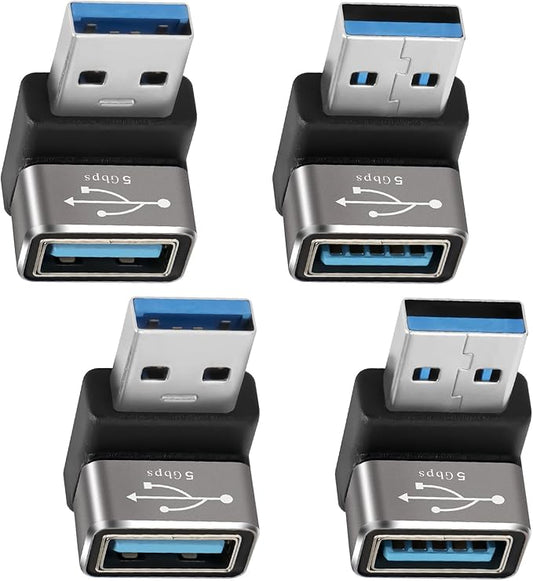 90 Degree USB 3.0 Adapter 4 Pack, (Up and Down) Right Angle USB Type-A Male to Female USB L Shape On The Go (OTG) Connector Extender Support Charge & Data Sync (5Gbps) for PC, Laptop, Mouse, Keyboard
