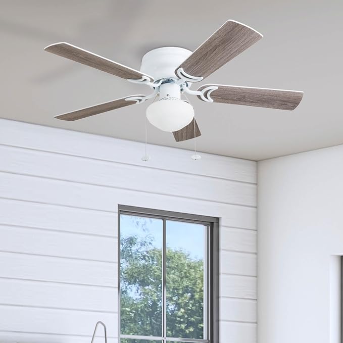 Prominence Home Alvina Traditional 42 Inch Ceiling Fan with Light, LED Flush Mount Ceiling Fan, Indoor Fan with 5 Blades, White and Gray Oak Blade Finish Options, White (80092-01)