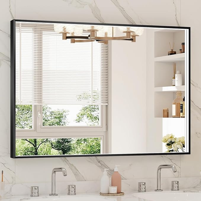 40x28 Inch LED Bathroom Mirror, Black Metal Framed Lighted Mirror for Bathroom, Wall Mouted LED Vanity Mirror with Lights, 3 Colors and Stepless Dimmable, Anti-Fog, Memory