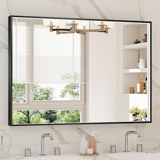 40x28 Inch LED Bathroom Mirror, Black Metal Framed Lighted Mirror for Bathroom, Wall Mouted LED Vanity Mirror with Lights, 3 Colors and Stepless Dimmable, Anti-Fog, Memory