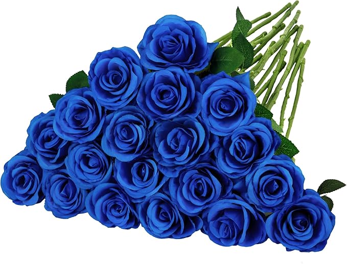 Ouddy Decor 20 Pcs Red Roses Artificial Silk Flowers Fake Roses Bouquet with Long Stems for Valentines Day Decor Wedding Home Party Table Centerpieces Bridal Bouquet DIY Floral Arrangment, Blue