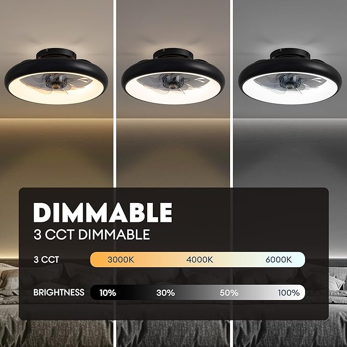 Ceiling Fan with Lights, 15" Flush Mount, Black Low Profile with 6 Wind Speeds, Smart Dimmable LED for Bedroom, Living Room