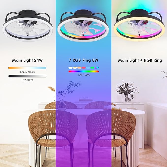 Ceiling Fans with Lights - Modern Flush Mount Ceiling Fan,16" RGB Dimmable LED Enclosed Ceiling Fans,Low Profile Bladeless LED-RGB Ambient Light for Bedroom Kids Room Party（Black）