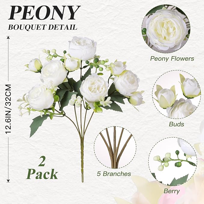 Luyue 2 Packs Peonies Artificial Flowers Vintage Faux Peony Bouquet Fake Flower for Vase Silk Floral Arrangements for Table Centerpiece Wedding Decoration Indoor Home Decor
