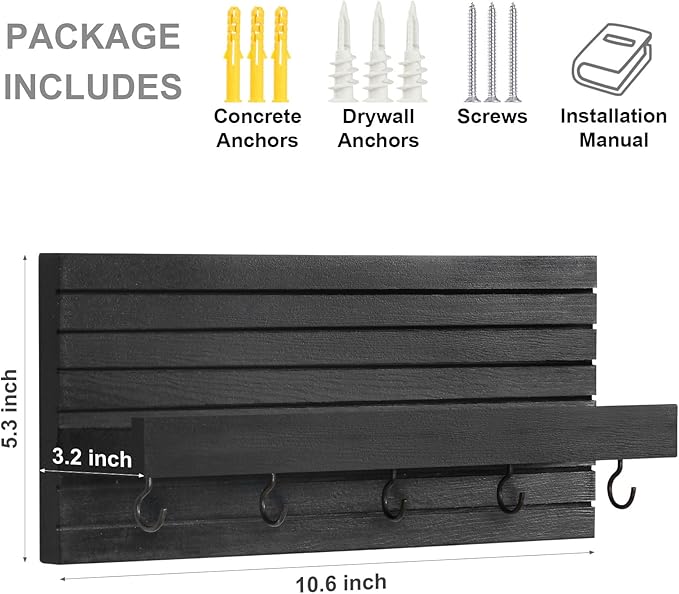 Decorative Key Holder for Wall with Shelf, Entryway Shelf with Hooks Holds Leashes, Jackets and Glasses – Sturdy Wood Keyholder Entrance Hanger with Mounting Hardware (Black, Medium)