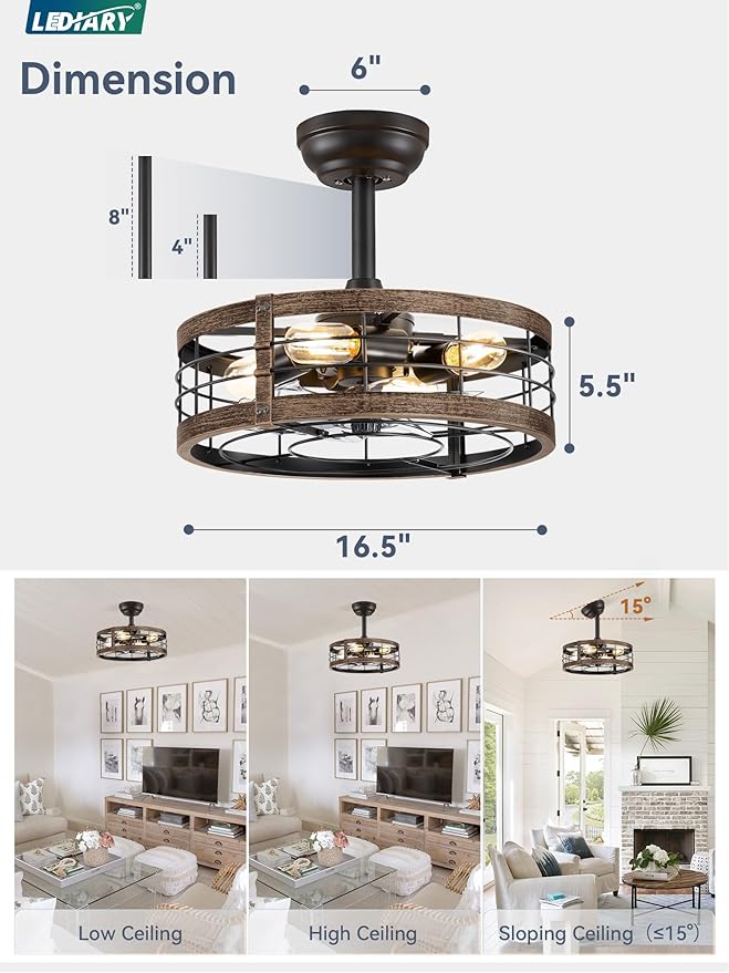 LEDIARY 16.5 Inch Caged Ceiling Fan with Light, Fandelier Farmhouse Ceiling Fan with Remote, Small Bladeless Fan Lights Ceiling Fixtures for Kitchen, Bedroom, Outdoor-Black and Gold