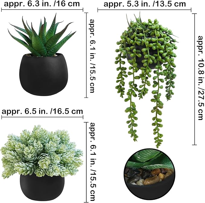 Winlyn Set of 3 Artificial Succulent Plants in Black Concrete Pots Faux Aloe Hops String of Pearls Potted Plants Small Fake Plants Desk Plants for Home Office Desk Kitchen Bathroom Shelf Windowsill