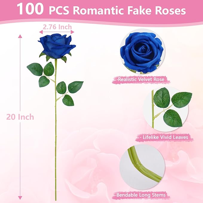 BLEUM CADE 100 Pcs Blue Roses Artificial Flowers, Real Touch Velvet Roses Fake Flowers Bulk, Artificial Roses Bouquet with Long Stems Bridal DIY Wedding Party Centerpiece Decorations
