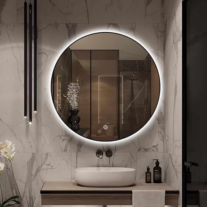 30" Round LED Bathroom Mirror, Wall Mounted Backlit Vanity Mirror with 45° Beveled Frame Lighted Mirror for Bedroom, Fog Free 3-Color Dimmable Lights Memory Function, Black