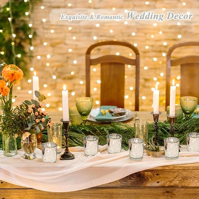 24 Pcs Silver Votive Candle Holders, Speckled Mercury Silver Glass Candle Holder Bulk for Wedding Centerpiece Table Decor, Tea Lights Candle Holder for Valentines Day Decor, Home Decor