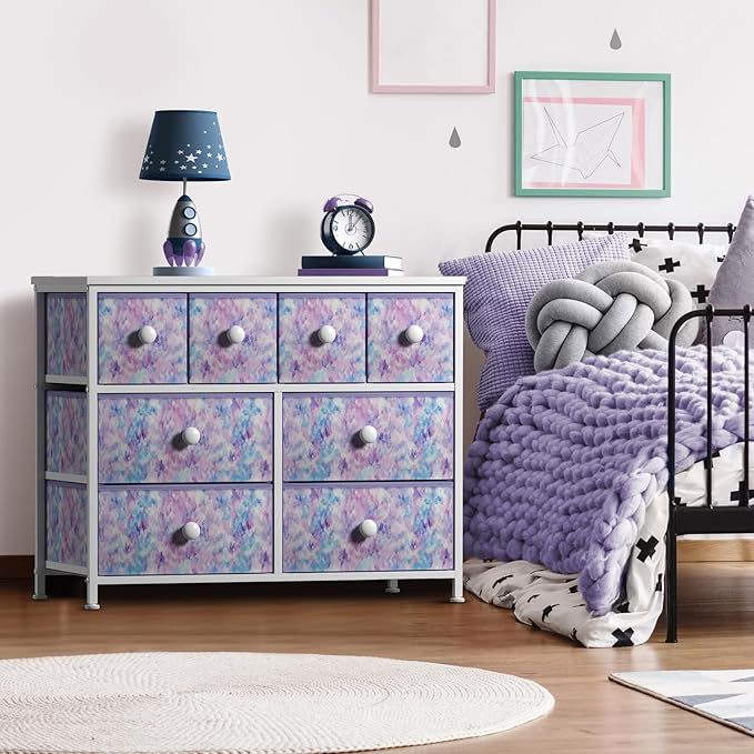 Sorbus Fabric Dresser for Kids Bedroom - Chest of 8 Drawers, Storage Tower, Clothing Organizer, for Closet, for Playroom, for Nursery, Steel Frame, Fabric Bins - Knob Handle (Tie-dye Purple)