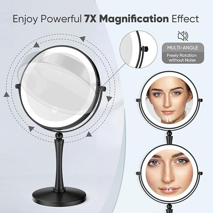 Nicesail 8” Desk Mirror with Light Dimmable 3 Colors Lighting, Magnifying Mirror with Lights and 1X/7X Magnification Makeup Vanity Mirror with Lights, Makeup Mirror for Home Hotel Desktop, Black 7X