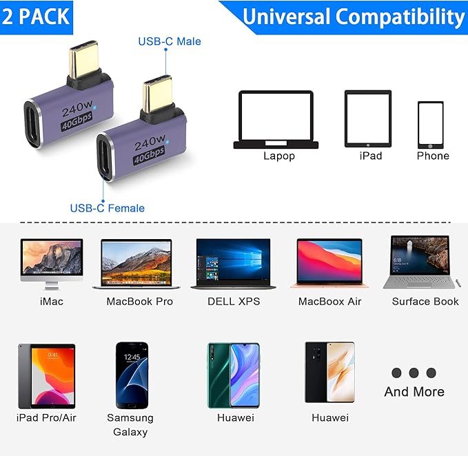 QIANRENON USB4.0 C 90 Degree Angle Adapter 240W 40Gbps Type C 4.0 Male to Female Right Angle Connector,LED Indicator,8K Audio/Video Transfer,for Smartphone Tablet Steam Deck, 2 Pcs (Side Bend)