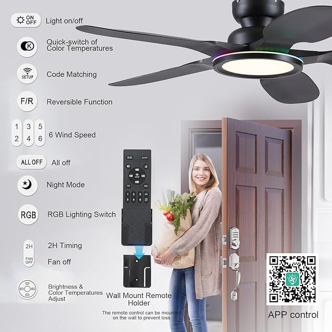 Ceiling Fans with Lights and Remote/APP Control, 52 inch Low Profile Ceiling Fans with Dimmable White + RGB Ring Lights, 6 Speeds 5 Curved Blades for Kids Room Bedroom Bar, Black
