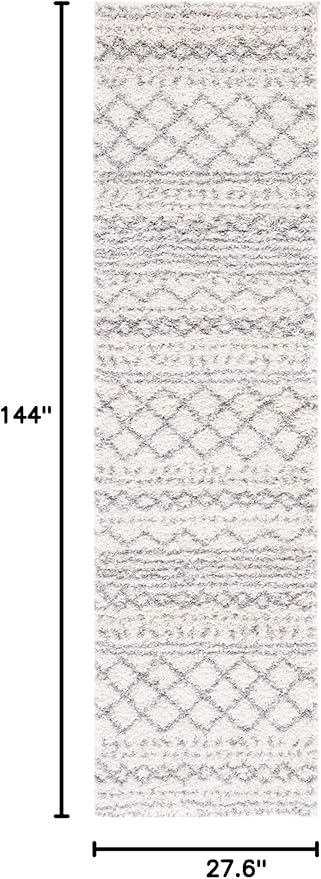 SAFAVIEH Arizona Shag Collection Runner Rug - 2'3" x 12', Ivory & Grey, Moroccan Design, Non-Shedding & Easy Care, 1.6-inch Thick Ideal for High Traffic Areas in Living Room, Bedroom (ASG741F)