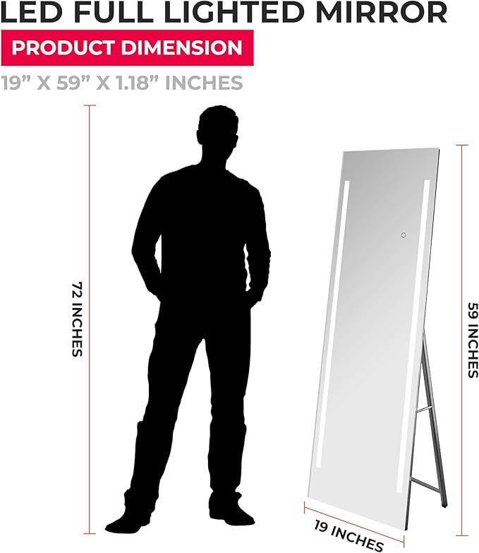 Full Length LED Lighted Free Standing Floor Mirror with ON/OFF Touch Button for Makeup, Dressing in Bedroom & Living Room 19"x59" by Fab Glass and Mirror