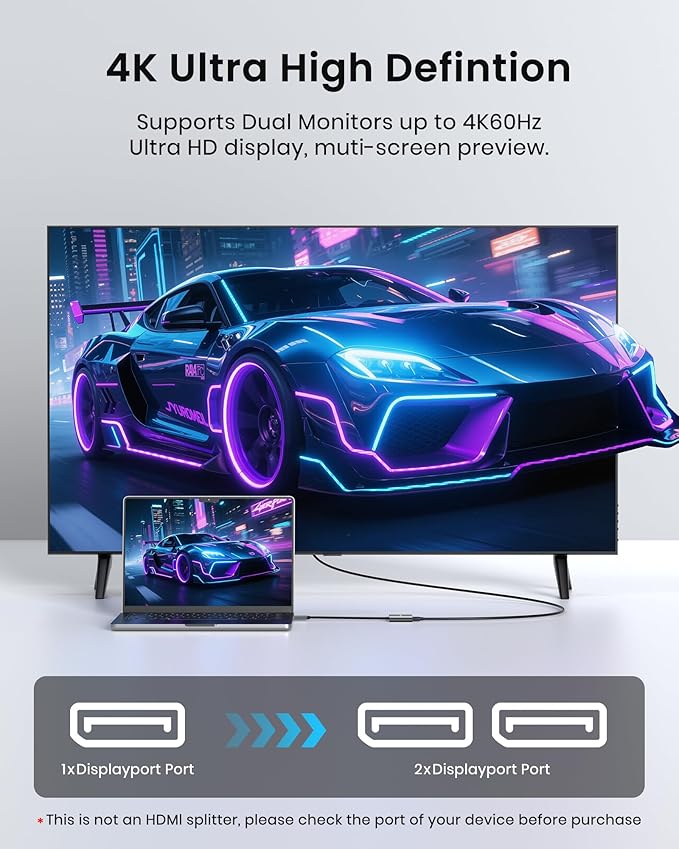 DisplayPort to Dual DisplayPort Splitter Adapter, 4K 60Hz MST Hub for Dual Monitor Setup, 1 in 2 Out DP Splitter for Extended/Mirrored Modes
