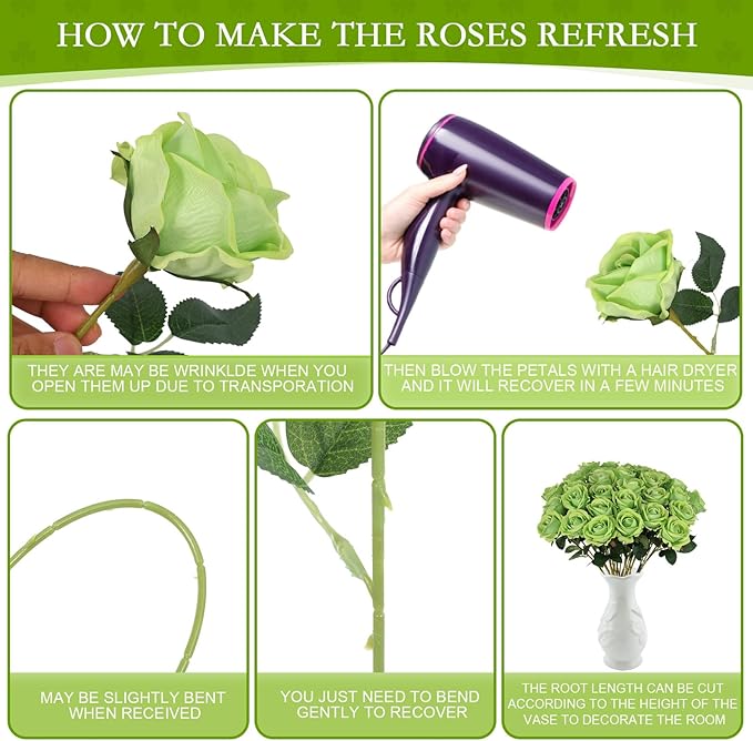 Hananona Artificial Roses in Bulk, Fake Silk Roses Realistic Green Roses for Wedding Centerpieces Flower Arrangement St Patricks Day Home Decor (50, Light Green)