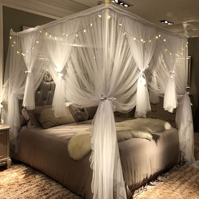 Joyreap 4 Corners Post Canopy Bed Curtain for Girls & Adults - Royal Luxurious Cozy Drape Netting - Cute Princess Bedroom Decoration Accessories (White, Twin)