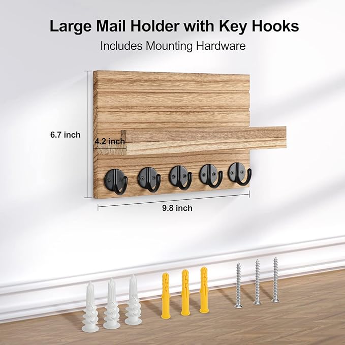Key Holder for Wall, Decorative Key and Mail Holder with Shelf Has Large Key Hooks for Bags, Coats – Paulownia Wood Key Hanger with Mounting Hardware (9.8”W x 6.7”H x 4.2”D) (Burnt Wood)