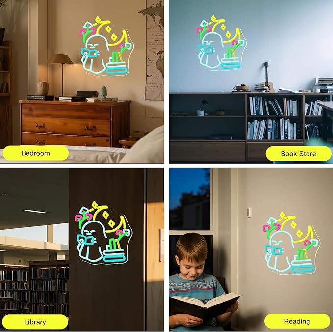 Little Ghost is Reading Books Neon Sign, Whimsical Study Vibes Neon Light, USB Powered Dimmable, 5V/2A, for Wall Decor, Kids Library, Reading Party and Corner, Gift, Classroom, Book Lover