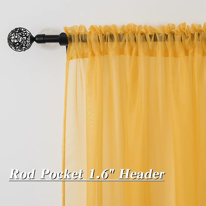 HUTO Gold Yellow Sheer Curtains 63 Inches Long for Living Room Rod Pocket Top Window Sheer Panels Curtains for Bedroom 2 Panels