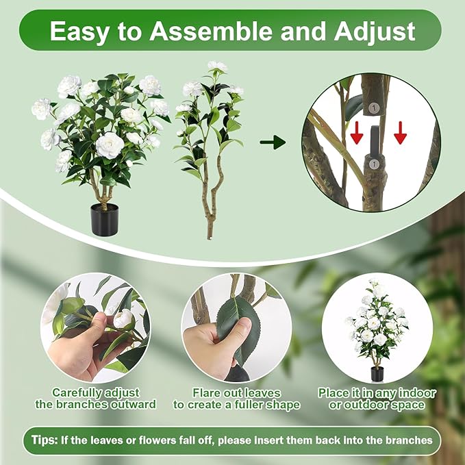Faux Outdoor Plants 2 Pcs - 39’’ Artificial Camellia Tree Potted with White Flowers, Artificial Plants Outdoor Porch Front Door Garden Indoor Office Home Wedding Decor Housewarming Gift