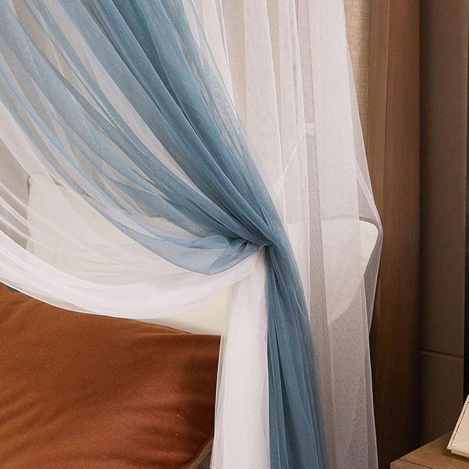 Joyreap Luxury 4 Corners Post Canopy Bed Curtains Twin, Blue n White Cozy Drape Netting for Girls n Adults - 4 Openings Cute Princess Style Bedroom Decoration Accessories