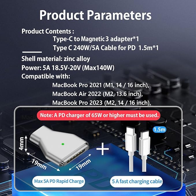 USB C to Magnetic 3 140W Charging Adapter Safe 3 Compatible with MacBook Pro 2023 (M2, 14/16 inch), MacBook Air 2022 (M2), MacBook Pro 2021 (M1, 14/16 inch) with 240W USB C Cable (1.5M)