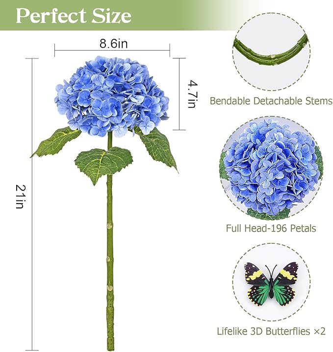 Waipfaru 21" Real Touch Dark Blue Hydrangea Artificial Flowers with Long Stem & Leaves, Full Latex Faux Hydrangea Flowers for Home Decor Party Floral Arrangements Wedding Bouquets Centerpieces, 4Pcs