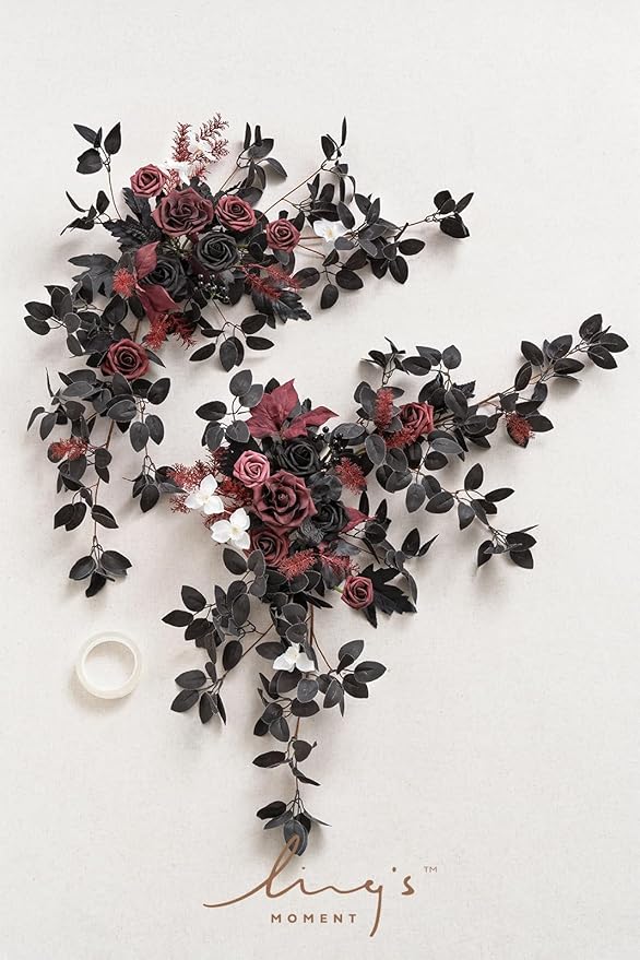 Ling's moment 2PCS Black Artificial Floral Swags Arch Flowers Burgundy Wedding Rose Garland Greenery Arrangements Centerpieces for Sweetheart Table Decor Wall Window Garden Decor Maroon Gothic