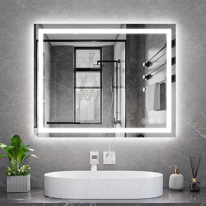 Koonmi 32x40 LED Bathroom Mirror, Backlit + Front Lit, LED Bathroom Mirror with Lights for Wall, 3 Colors, Anti-Fog, Dimmable Brightness, Memory Function, Tempered Glass