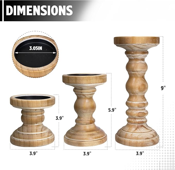 Candle Holder for Pillar Candle Set of 3, Farmhouse Wood Candle Holder, Rustic Wooden Candle Stand, Vintage Tall Candle Stand Decorative for Living Room, Table Centerpiece,Brown