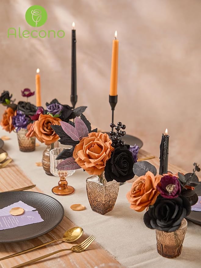 Alecono Artificial Flowers, Orange and Purple Silk Fake Flowers for DIY Wedding Bridal Bouquets, Cake Flowers for HalloweenTable Centerpieces Party Home Decorations