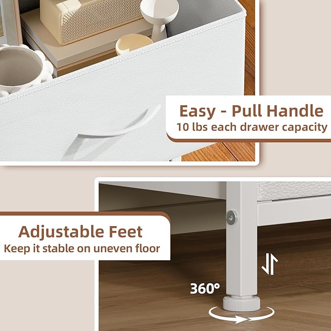 Somdot Tall Dresser for Bedroom with 6 Drawers, Storage Organizer Chest of Drawers with Removable Fabric Bins for Closet Bedside Living Room Laundry Entryway Hallway, White Leather