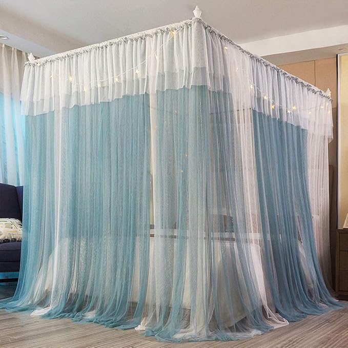 Joyreap Luxury 4 Corners Post Canopy Bed Curtains - Blue & White Cozy Drape Netting - Cute Princess Bedroom Decoration Accessories (59" W x 78" L, Full/Queen)